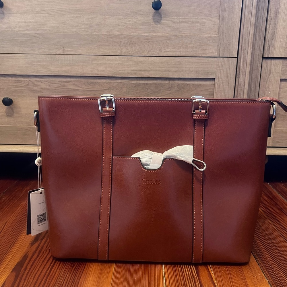 Cnoles  Tan Leather Laptop Bag for Women